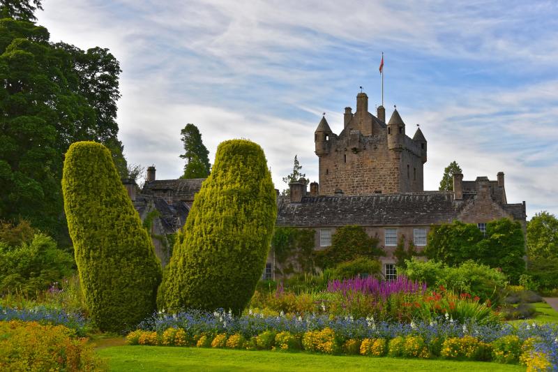 a garden with bushes and a castle in the background