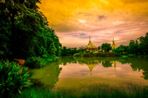 The background of an important tourist attraction in Khon Kaen Province (Wat Thung Setthi) is a large pagoda in the middle of a swamp, tourists always come to see the beauty in Thailand