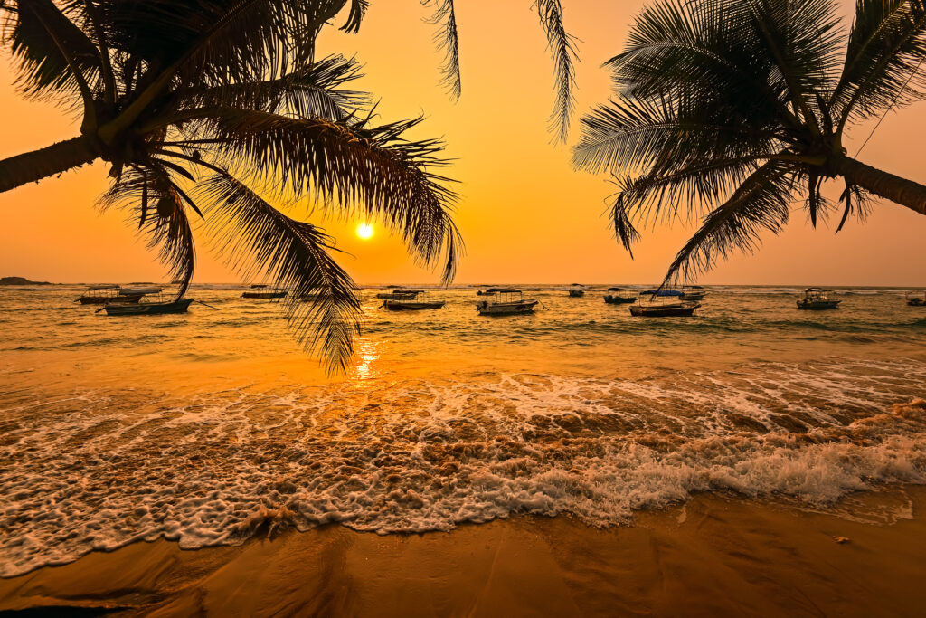 Ocean coast of Sri Lanka in the tropics, captured at sun set creating a orange colour in the sky