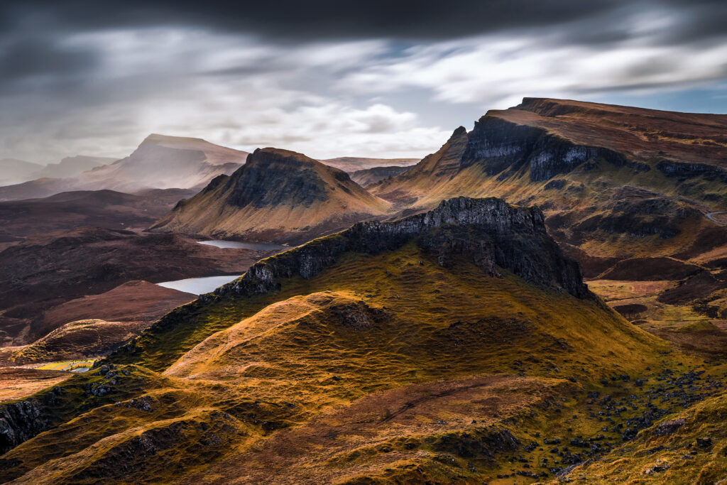Isle of Skye, Scotland - Dark clouds over the Quiraing on a cloudy spring day at the Scottish Highlands, UK
