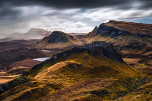 Isle of Skye, Scotland - Dark clouds over the Quiraing on a cloudy spring day at the Scottish Highlands, UK
