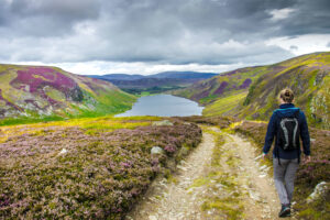 Hiking trail in Cairngorms National Park. Route down to Loch Lee, Angus, Scotland, UK